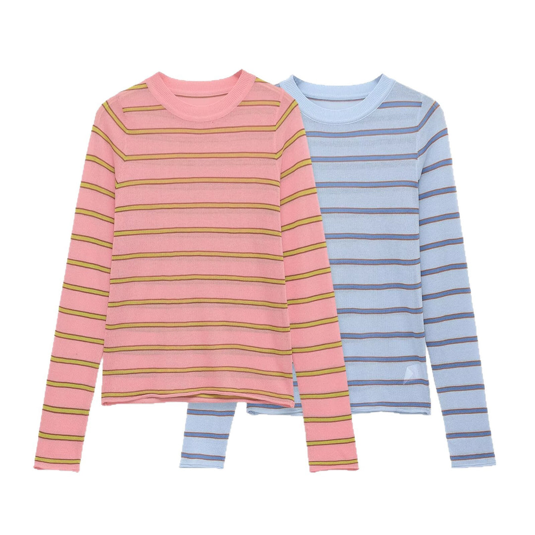 Women's fine knit pullover in slim fit with round neck and horizontal contrast stripes Mune Fashion