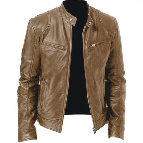 Men's nan vintage-inspired leather jacket in biker style with stand-up collar and visible zippers Mune Fashion