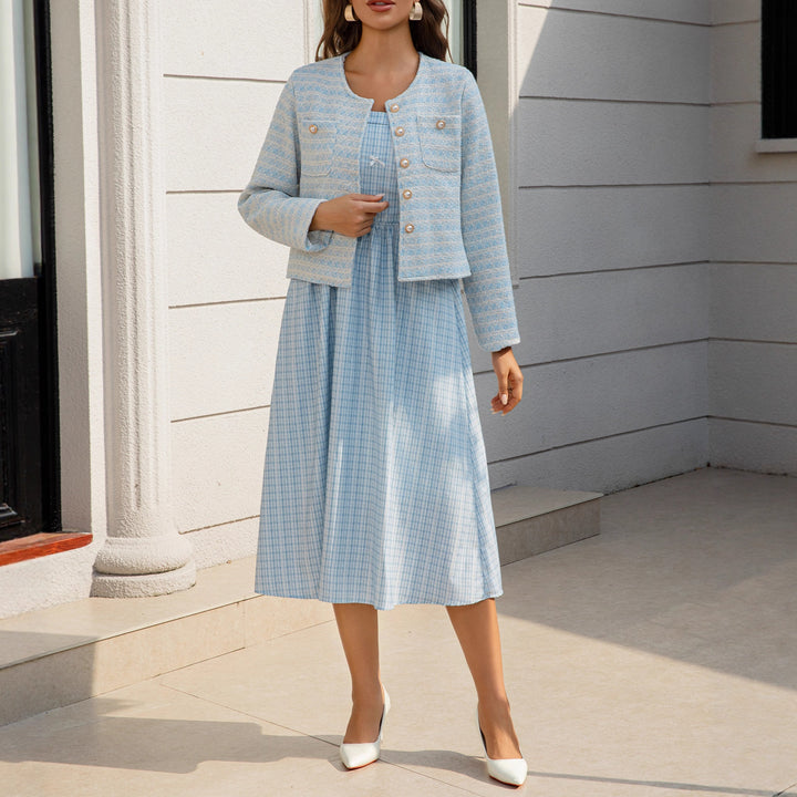 Women's Two-Piece Boucle Jacket Set with Fitted Gingham Midi Dress Mune Fashion