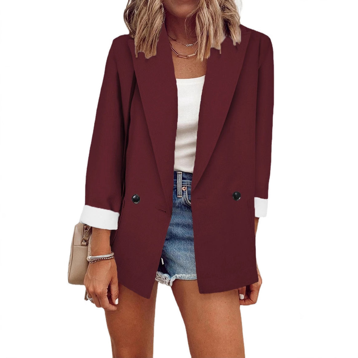 Women's Loose Longline Blazer with Rolled-Up Sleeves and Double-Breasted Button Placket Mune Fashion