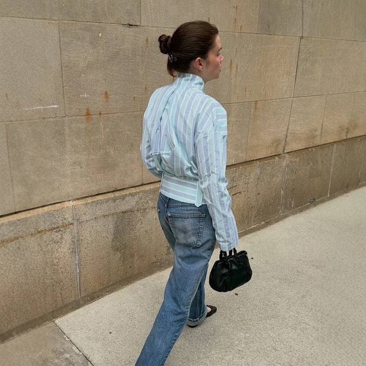 Women's Structured Blouse with Stand Collar, Waist Belt and Vertical Stripe Design Mune Fashion