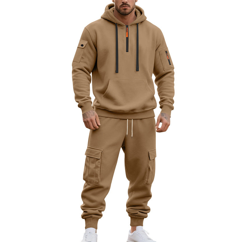 Men's two-piece utility casual set hoodie with half-high zipper, arm pocket, and cargo jogging pants with flap pockets Mune Fashion