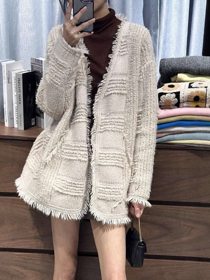 Women Oversized Knit Cardigan with Structured Check Pattern Look, Fringes and Patch Pockets Mune Fashion