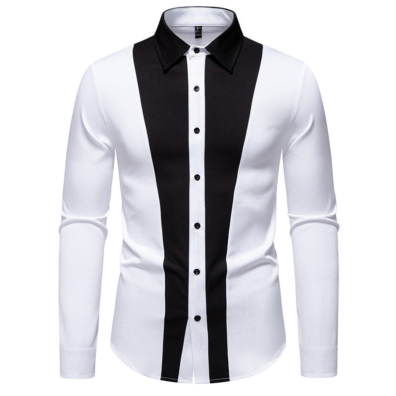 Men's Fitted Long Sleeve Shirt with Contrasting Center Stripes and Kent Collar Mune Fashion