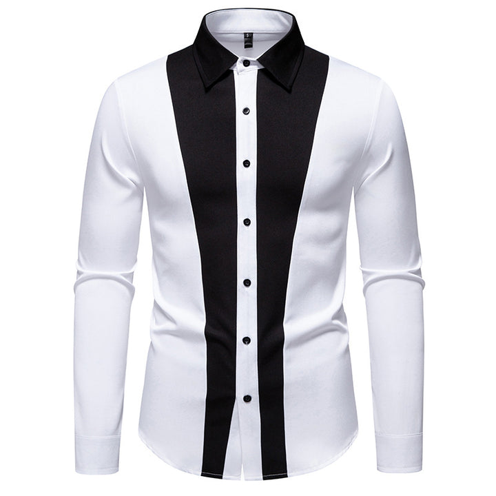 Men's Fitted Long Sleeve Shirt with Contrasting Center Stripes and Kent Collar Mune Fashion