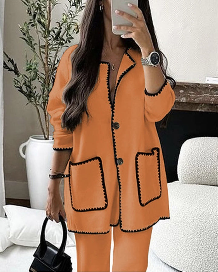 Women's longline knit set with contrast-trimmed cardigan and wide palazzo pants Mune Fashion
