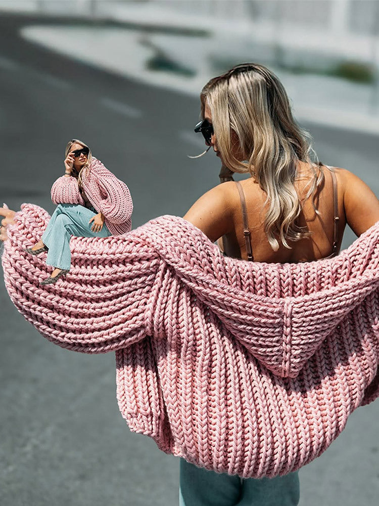 Women Oversize Chunky Knit Cardigan with Large Hood & Voluminous Sleeves Mune Fashion