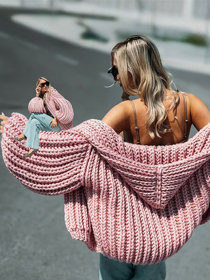 Women Oversize Chunky Knit Cardigan with Large Hood & Voluminous Sleeves Mune Fashion