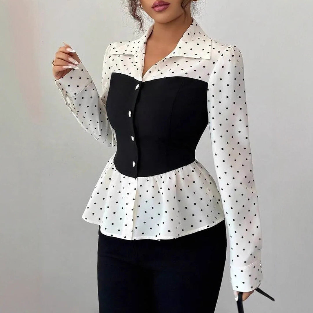 Ladies two-piece blouse with corset look and peplum drape