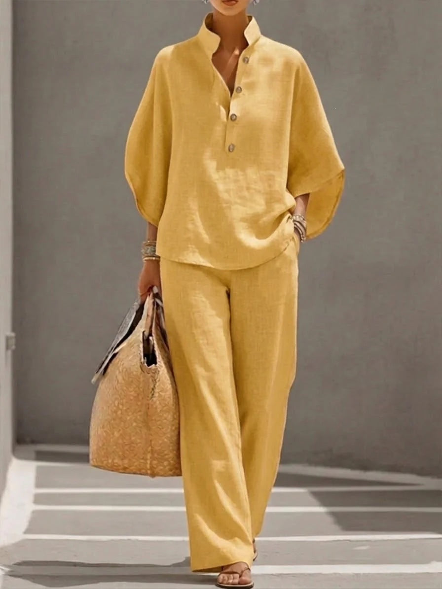 Women Lightweight Linen Loungewear Set with Stand-up Collar Button Placket and Wide Marlene Cut Mune Fashion