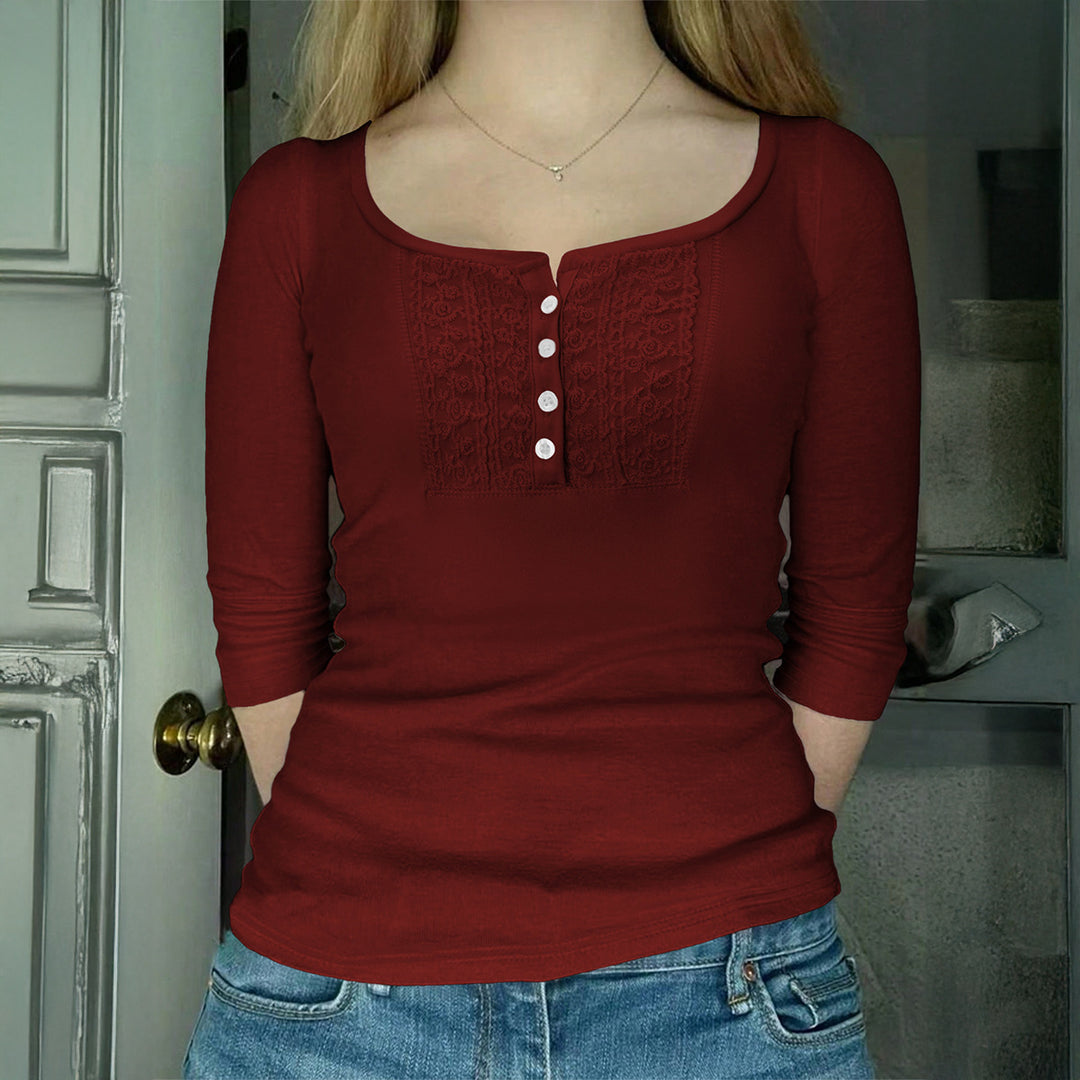Women’s tailored long-sleeve shirt with square neckline, button placket, and fine lace trim Mune Fashion