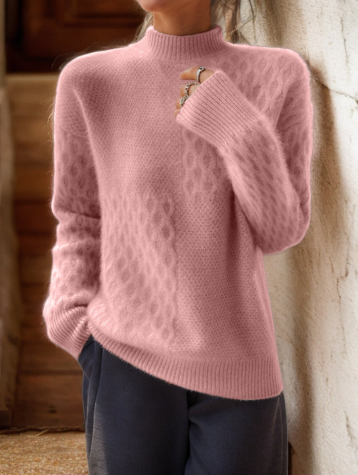 Ladies casual mohair blend fine knit sweater with structure mix, stand-up collar and dropped shoulders Mune Fashion