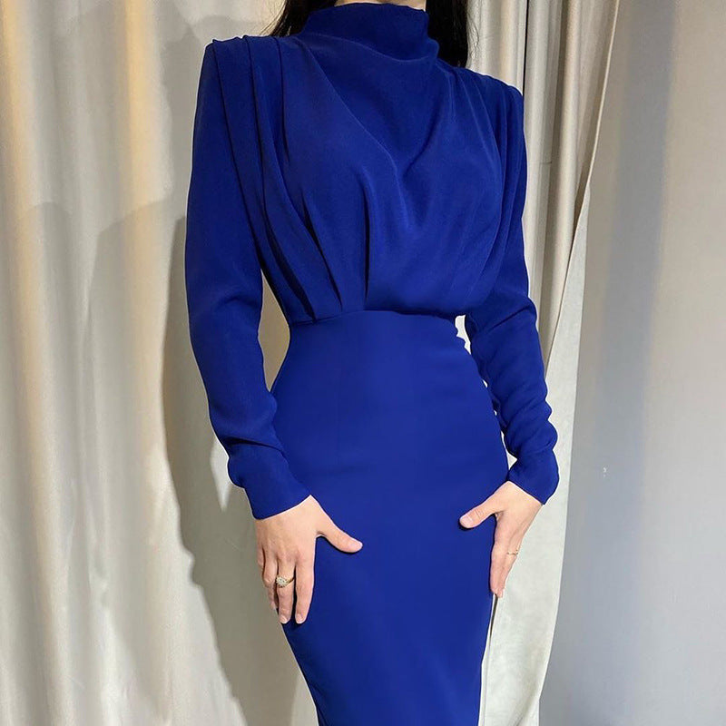 Ladies nan elegant midi dress with draped waterfall front, tailored pencil silhouette and long sleeves Mune Fashion
