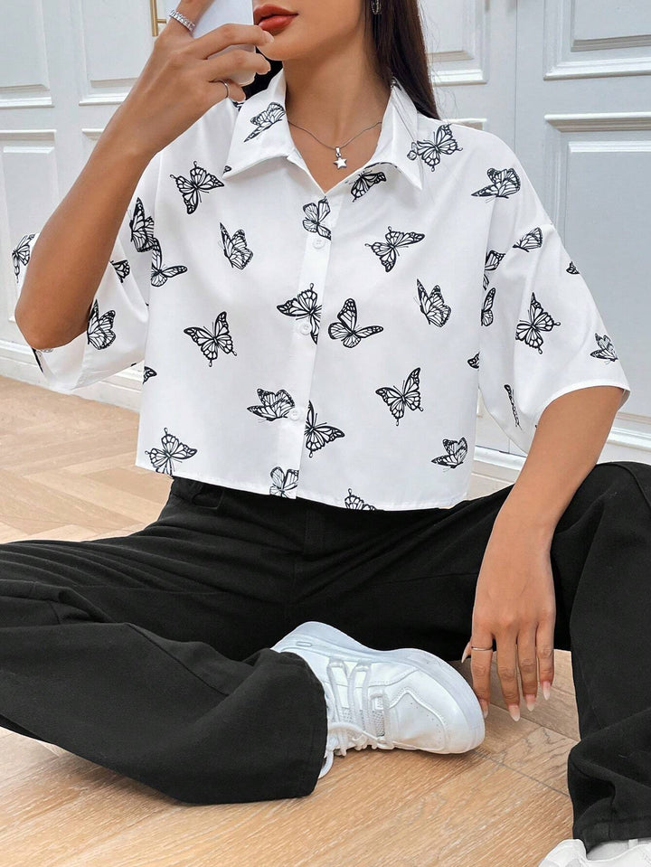 Women's Short Cropped Boxy Shirt Blouse with Butterfly Print Drune