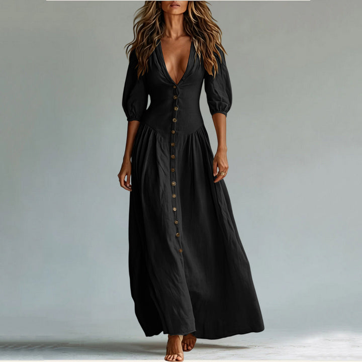 Ladies max dress with deep V-neck, button placket and balloon sleeves Mune Fashion