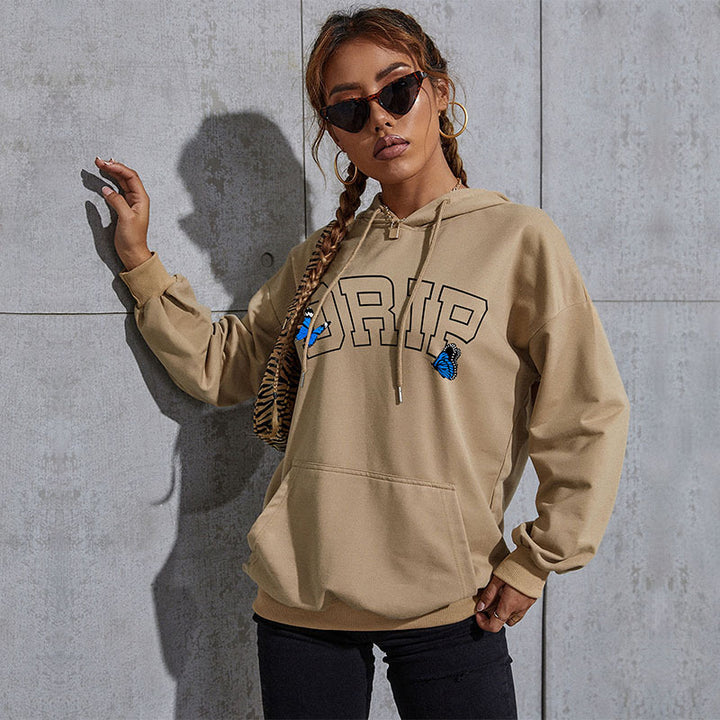 Women's Oversized Hoodie with Kangaroo Pocket and Butterfly Embroidery Mune Fashion