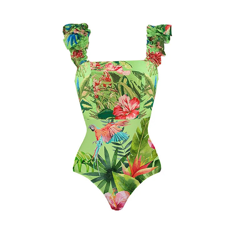 Women’s One-Piece Swimsuit with Floral Pattern and Ruffle Details Mune Fashion