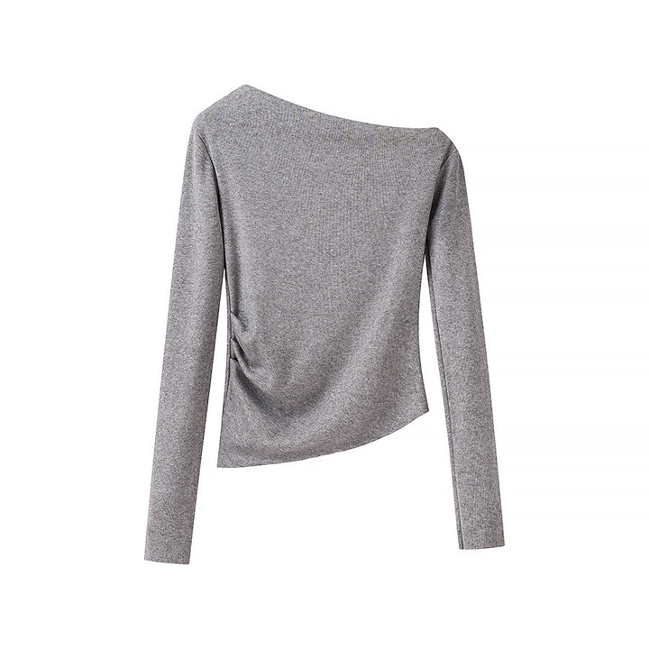 Women's Asymmetrical One-Shoulder Long Sleeve Shirt with Side Gathering Mune Fashion