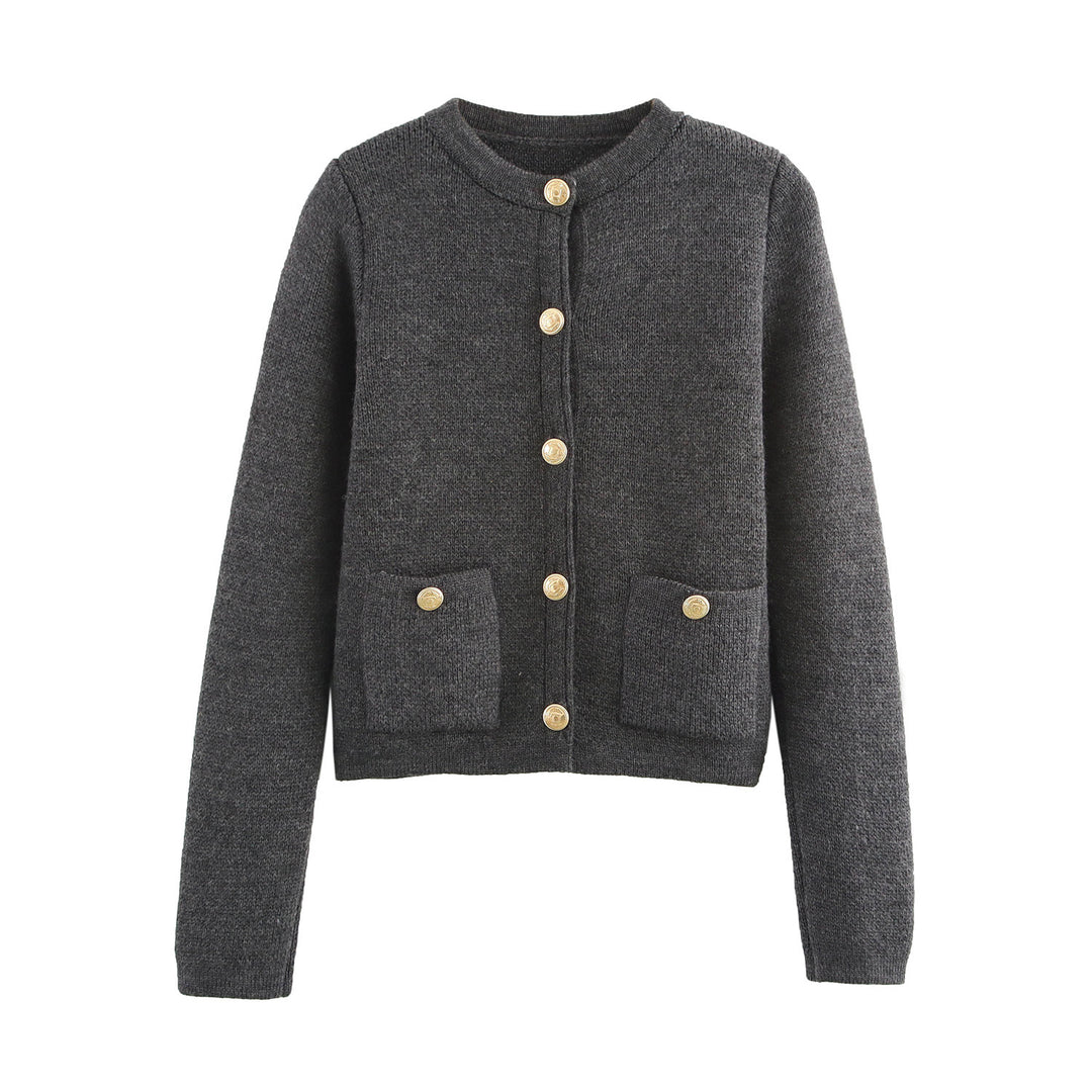 Women Cropped Boucle Cardigan with Round Neck, Flap Pockets and Coin Buttons Mune Fashion