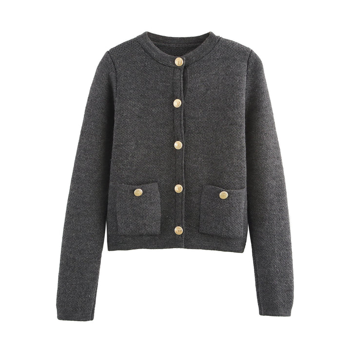 Women Cropped Boucle Cardigan with Round Neck, Flap Pockets and Coin Buttons Mune Fashion