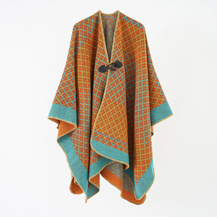 Women's Wool Blend Poncho with Jacquard Pattern and Toggle Closure Mune Fashion