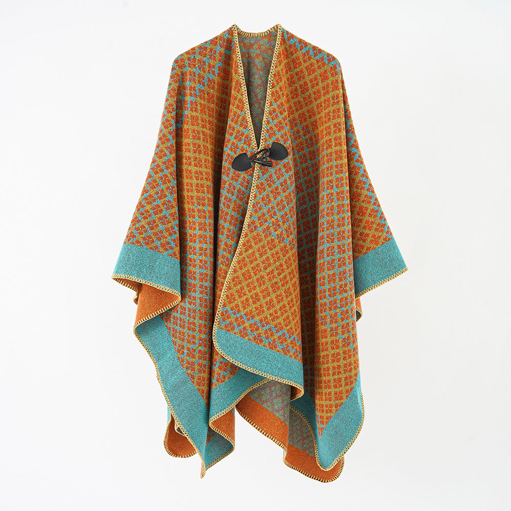 Women's wool poncho with geometric check pattern and toggle closure Mune Fashion