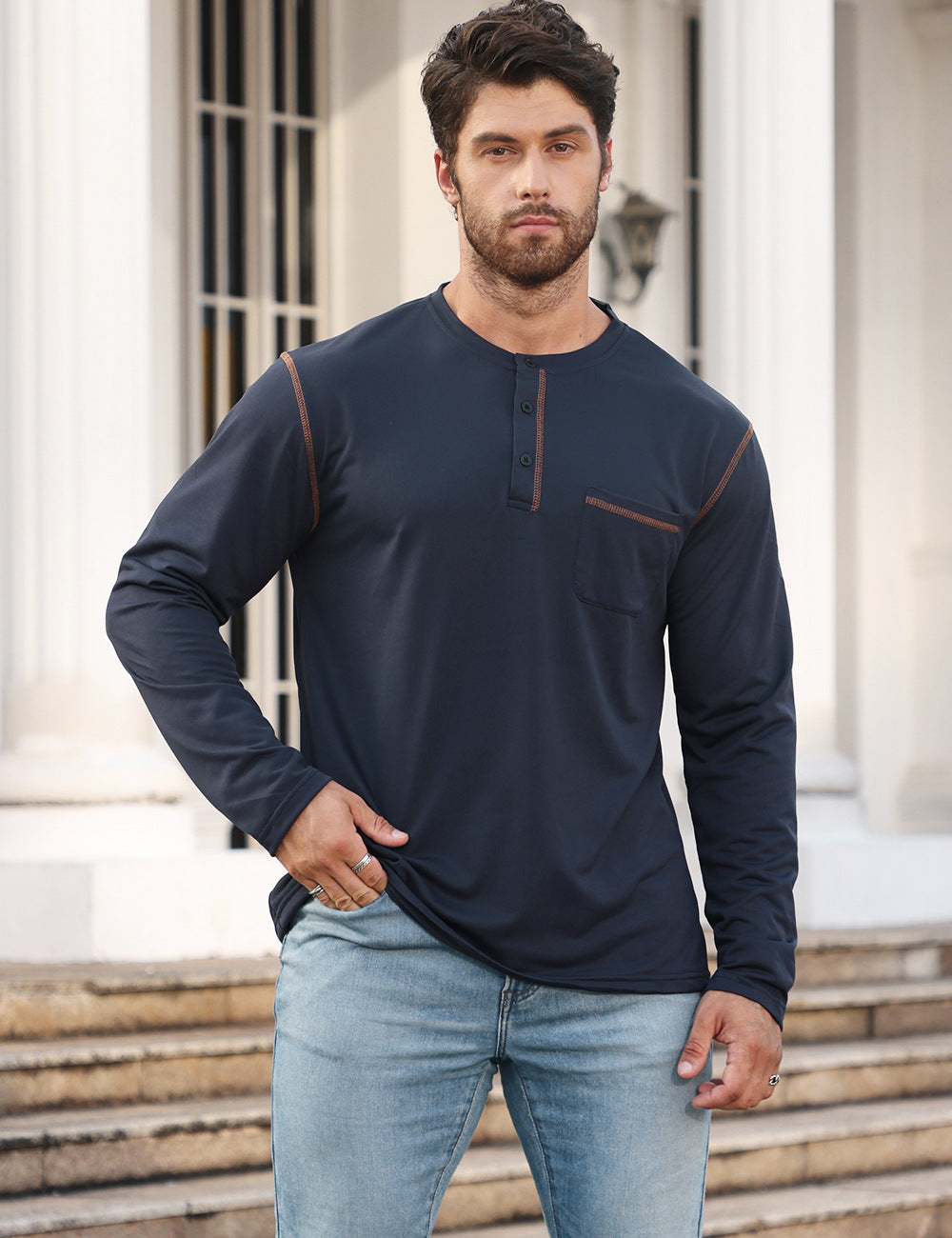 Men's Long Sleeve Shirt with Short Button Placket, Chest Pocket and Contrasting Decorative Stitching Mune Fashion