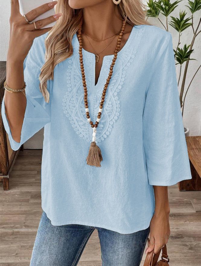 Women's Embroidered Linen Tunic with V-Neck and Three-Quarter Sleeves Mune Fashion