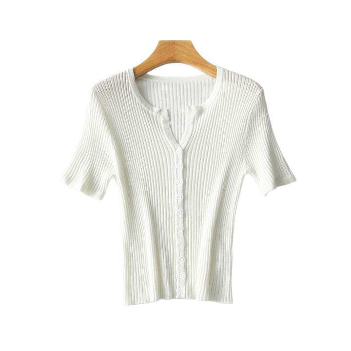 Women's Short-Sleeved Ribbed Button Cardigan from Fine Knit Mune Fashion