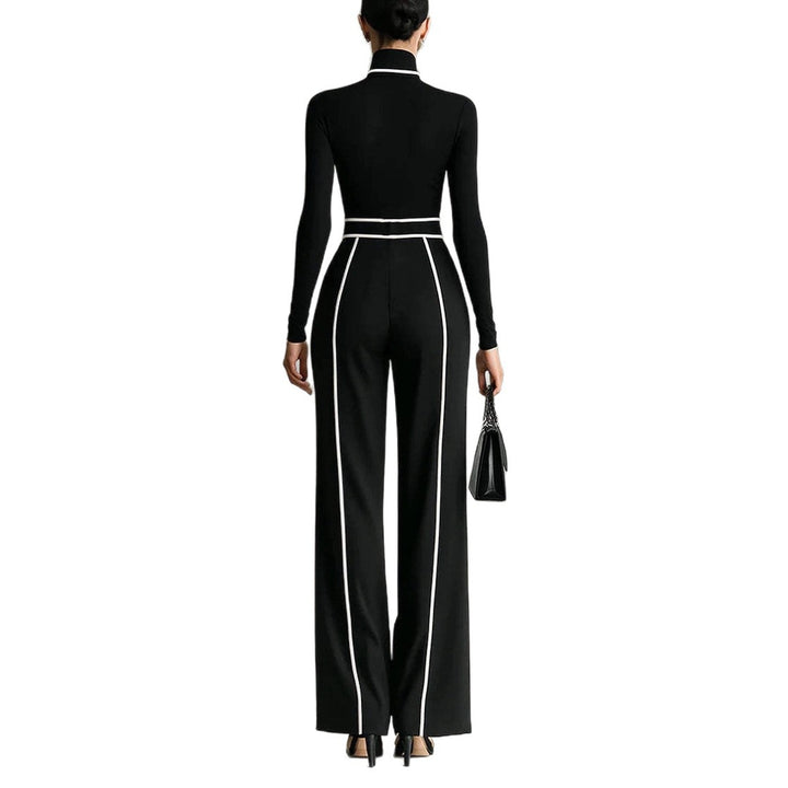 Ladies' elegant knit set with fitted turtleneck top and wide pleated trousers with waistband Mune Fashion