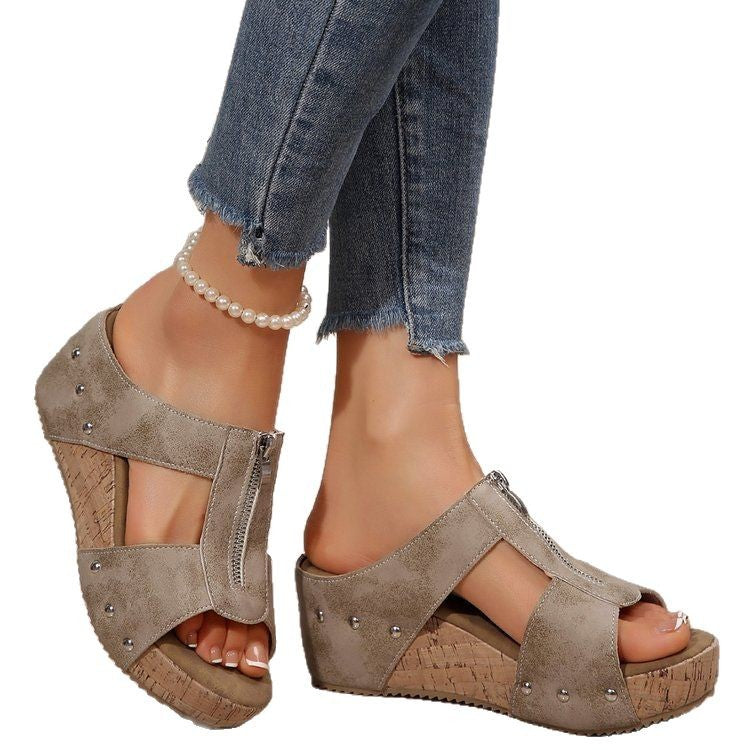 Damen Offene Keil‑Sandaletten mit vorderer Reißverschlussblende und Korkplateau Mune Fashion