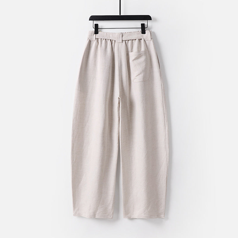 Women High-waisted wide linen blend pants with pleats and fabric belt Mune Fashion
