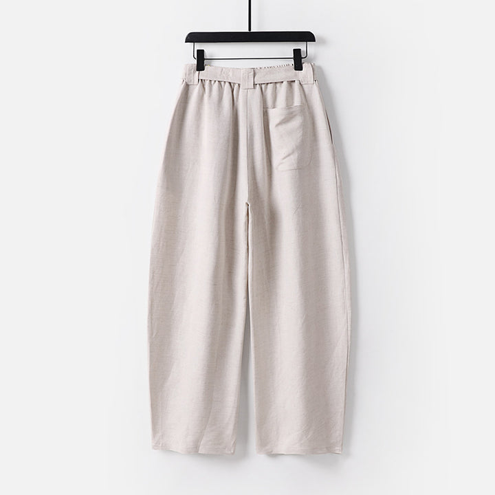 Women High-waisted wide linen blend pants with pleats and fabric belt Mune Fashion
