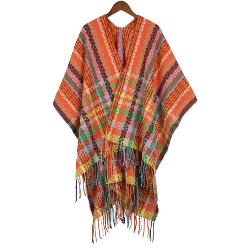 Women's Multicolored Woven Poncho in Boho Patchwork Design with Fringes Mune Fashion