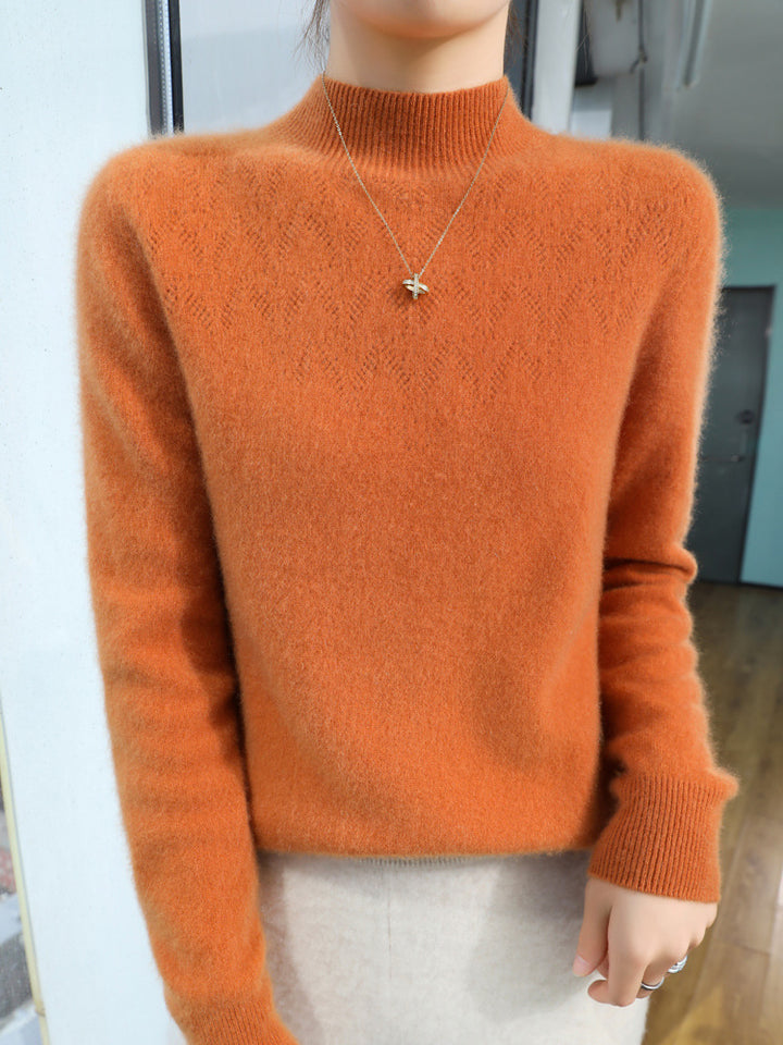 Women Slim Minimalist Stand Collar Fine Knit Sweater with Ribbed Neck Mune Fashion