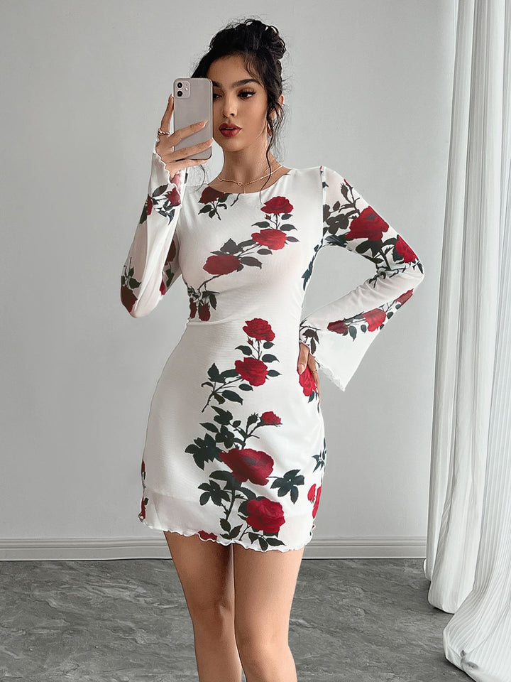 Women's figure-hugging mini dress with rose pattern and trumpet sleeves Mune Fashion