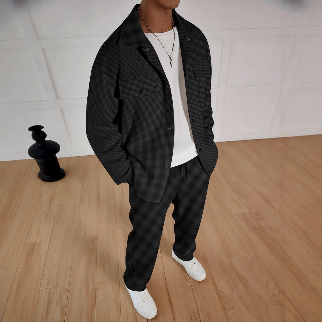 Men's two-piece overshirt lounge set with patch flap pockets, drawstring pants, and fine waffle texture Mune Fashion