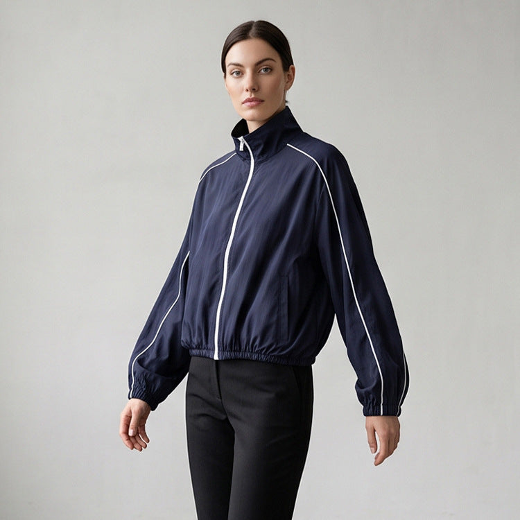 Women's Lightweight Sports Track Jacket with Stand-up Collar, Contrast Piping and Elastic Waistband Mune Fashion