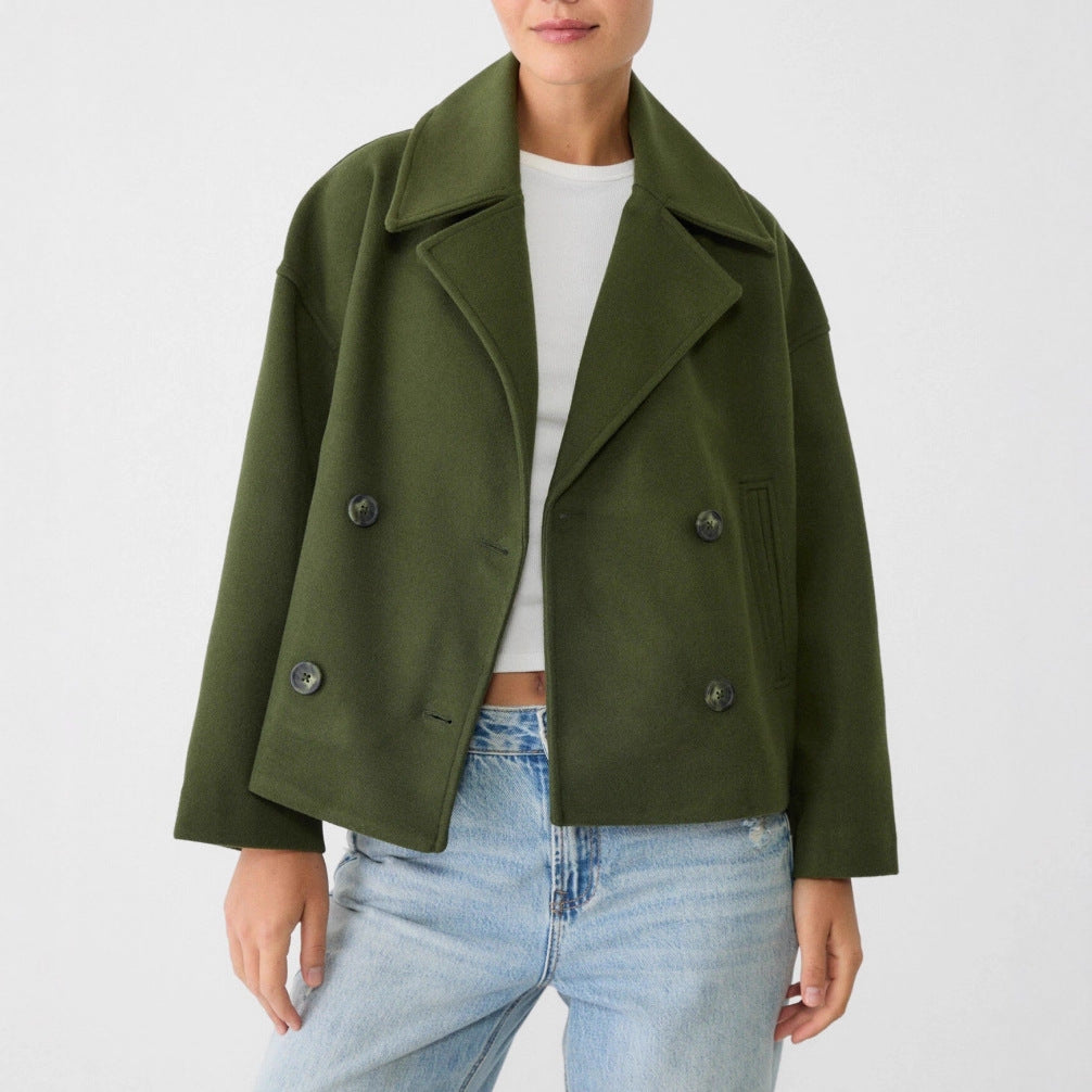 Women’s short cut double-breasted wool blend peacoat with wide lapels and boxy silhouette Mune Fashion