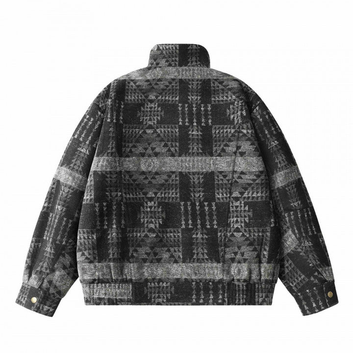 Unisex Boxy Jacquard Wool Bomber Jacket with Stand-Up Collar, Flap Pockets, and Elastic Hem Mune Fashion