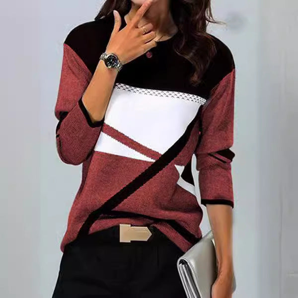 Women's loosely cut knitted sweater with geometric color block and three-quarter sleeves Mune Fashion