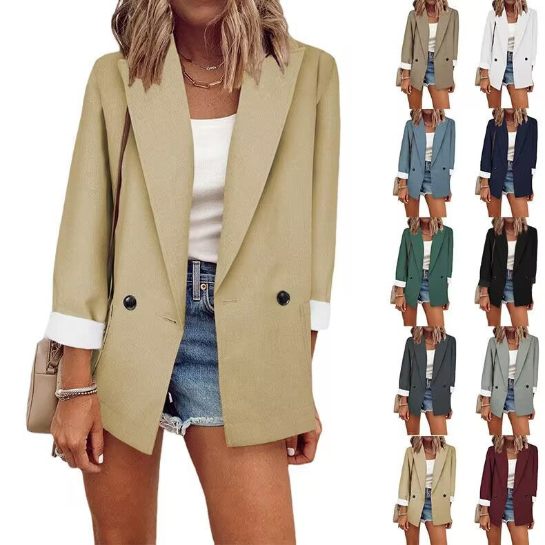 Women's Loose Longline Blazer with Rolled-Up Sleeves and Double-Breasted Button Placket Mune Fashion