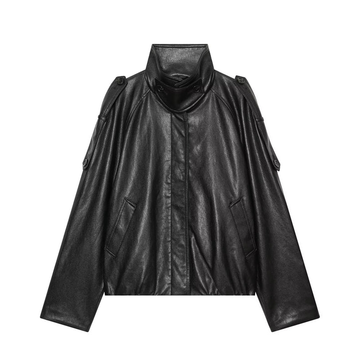 Women's short-cut leather look blouson jacket with high funnel collar, shoulder tabs and integrated patch pockets Mune Fashion