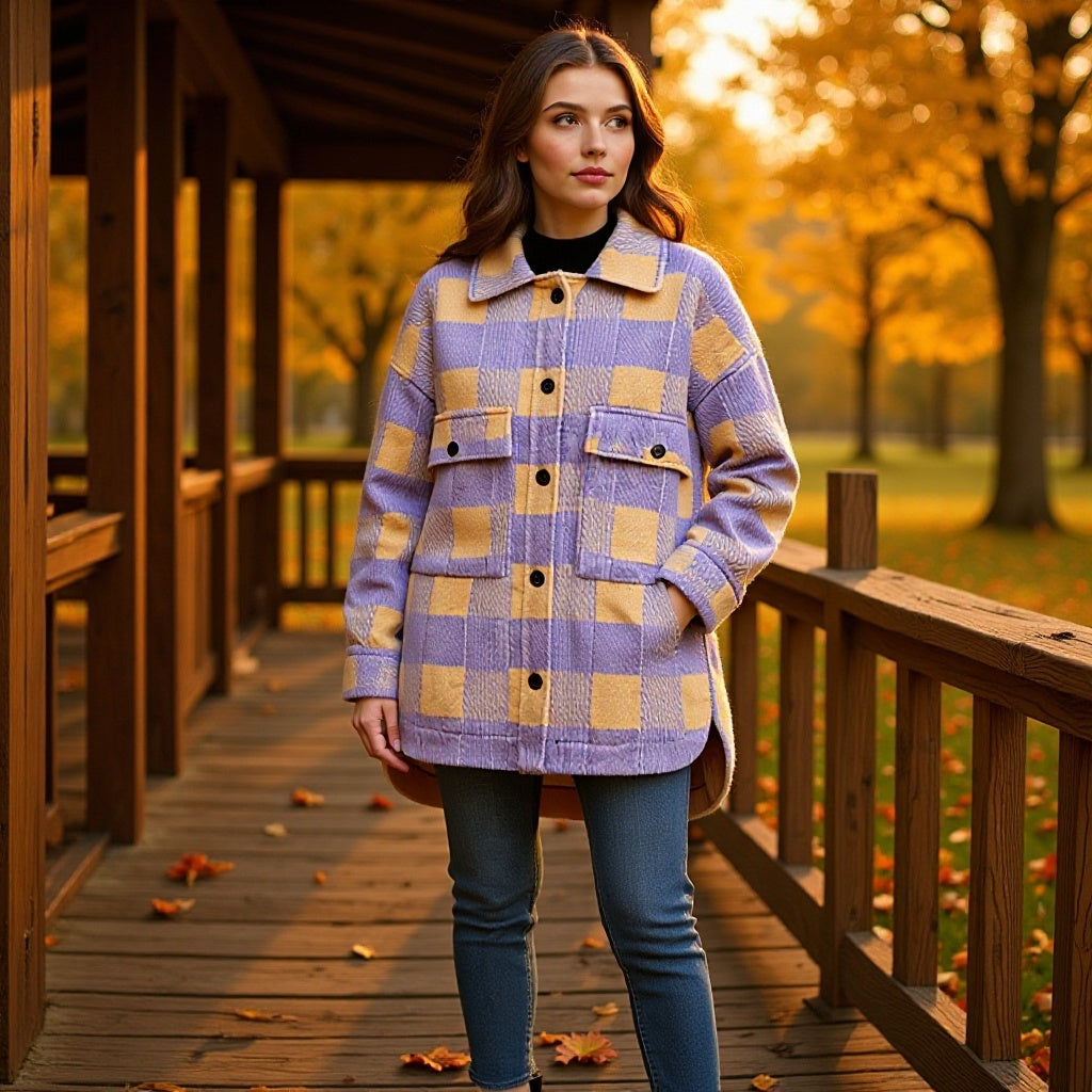 Women's Oversized Shirt Jacket in Check with Large Flap Pockets and Curved Hem Mune Fashion