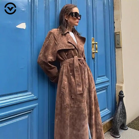 Women's longer suede trench coat with waist belt Mune Fashion