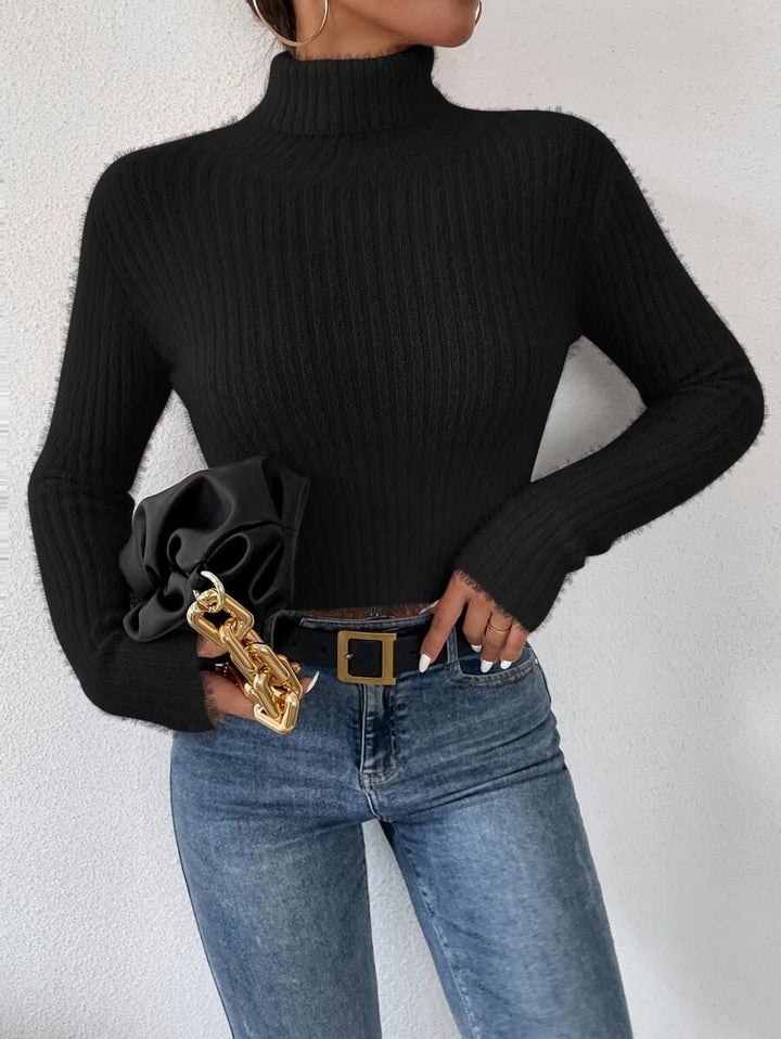 Women's Short Ribbed Turtleneck Sweater with Fluffy Mohair Look Mune Fashion