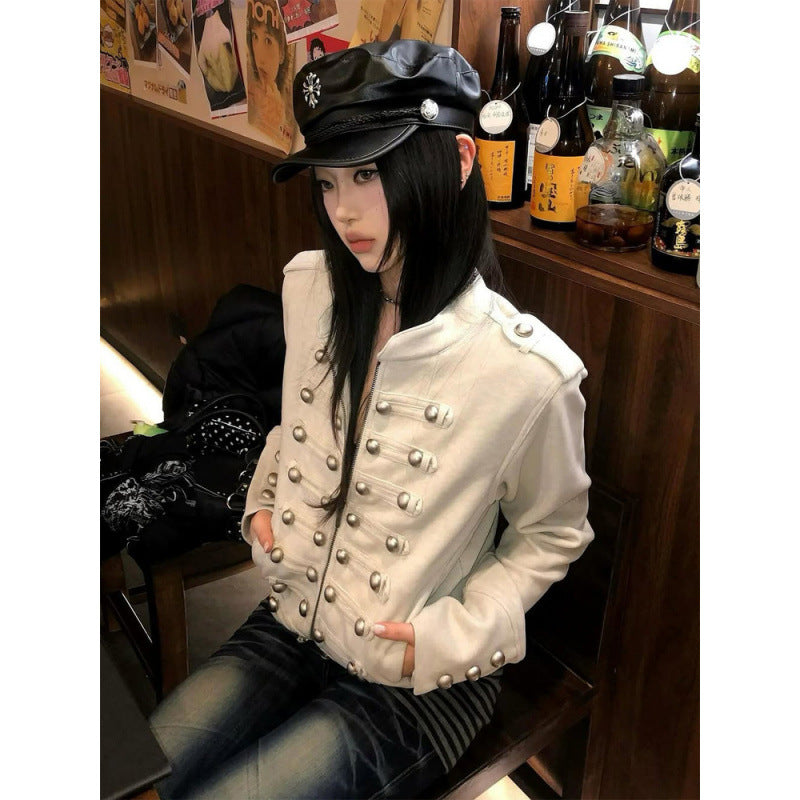 Women Short Military Inspired Jacket with Double Decorative Button Placket and Cuffs Mune Fashion