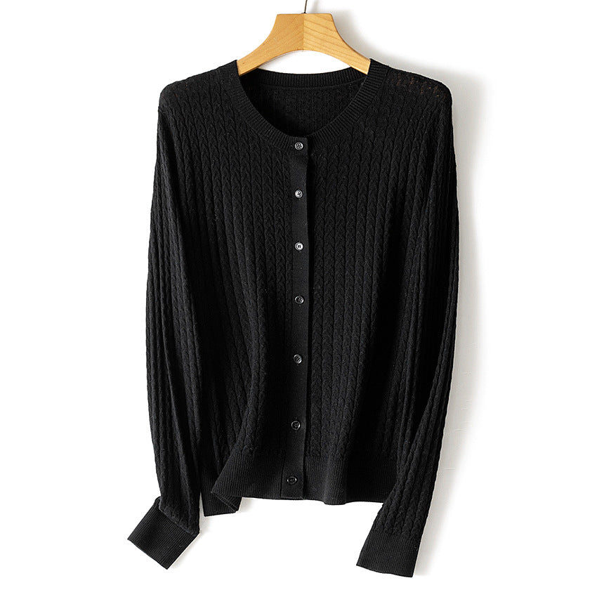 Women's Fine Knit Cardigan with Cable Pattern, Crew Neck and Button Placket Mune Fashion