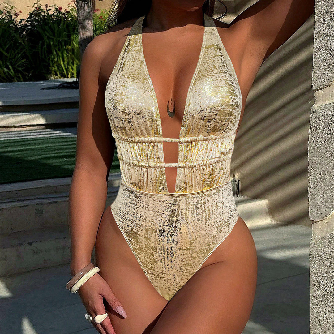 Ladies High-Cut One-Piece Swimsuit with Deep V-Neck and Glamorous Accents Mune Fashion