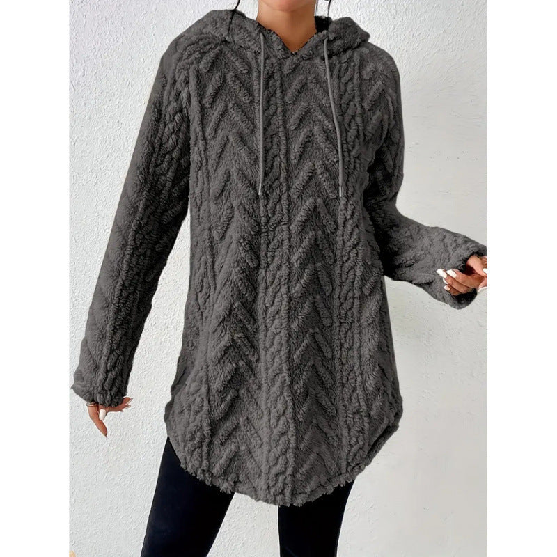 Women Cozy Teddy Hoodie with Cable Knit Pattern Drawstring and Rounded Hem Mune Fashion